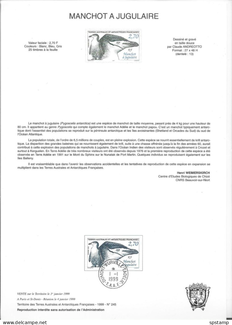 TAAF French Antarctic 1991 2.70 Fr Chinstrap Penguin FU On Official Presentation Page With Colour 'proof' - Gebruikt