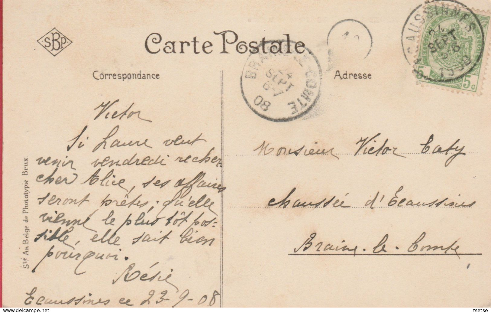 Ecaussines-Carrières - Place de la Gare - 1908 / S.B.P. ( voir verso )