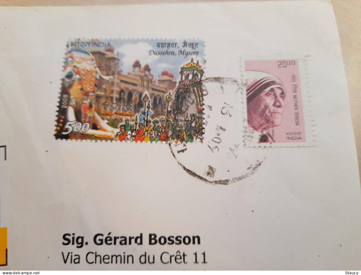 INDIA 2009 RETURN TO SENDER LABEL,AIR MAIL COVER TO SWITZERLAND,2 STAMPS,MOTHER TERESA,ELEPHANT,DUSSEHRA,MYSORE,GUWAHATI - Luftpost