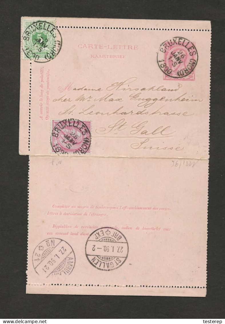 CARTE-LETTRE / KAARTBRIEF 10 Ct Type 46 + 10 Ct N° 46 + 5 Ct De Bruxelles 26 Janv 1890 Vers La Suisse - Enveloppes-lettres