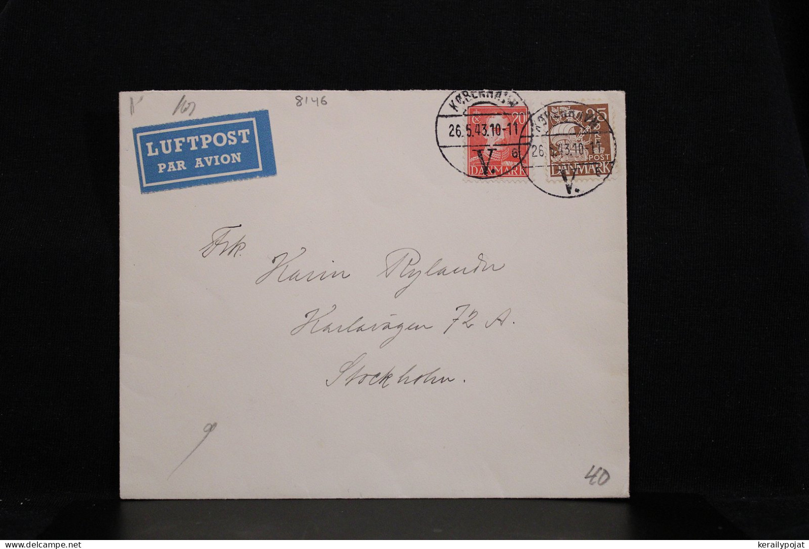 Denmark 1943 Köbenhavn Censored Air Mail Cover To Sweden__(8146) - Luftpost