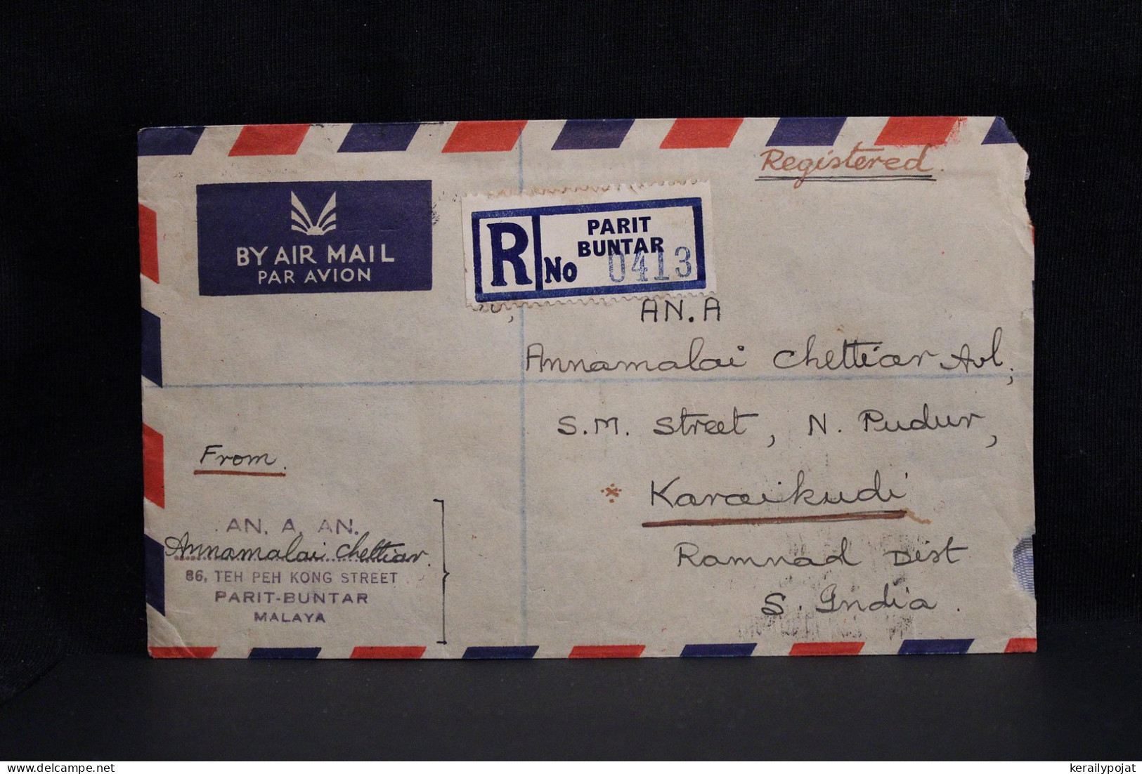 Malaya 1955 Parit Buntar Registered Air Mail Cover To South India__(6416) - Federation Of Malaya