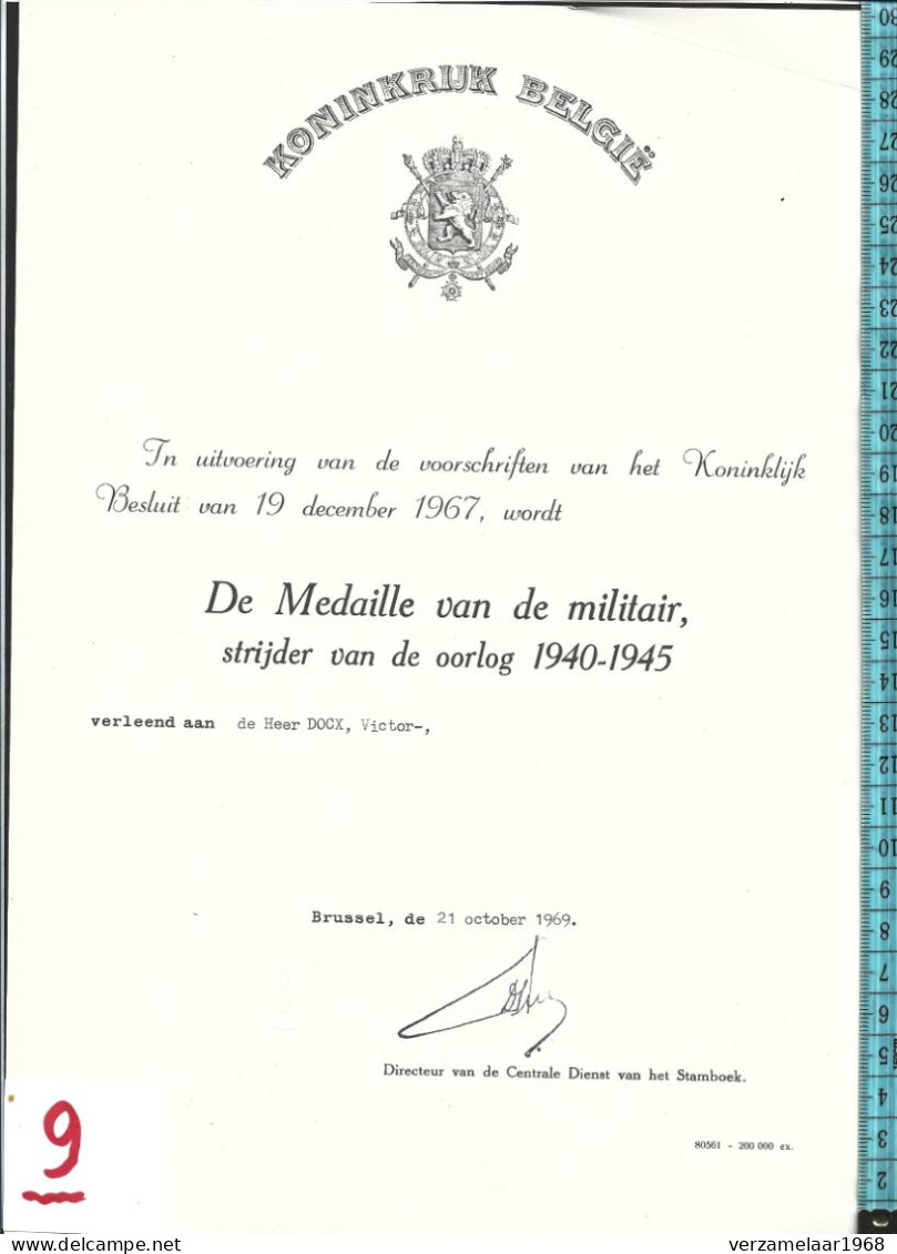 Belgisch Leger - Attest : Medaille ...  ------ ( Ismo : 72 ) - Belgique