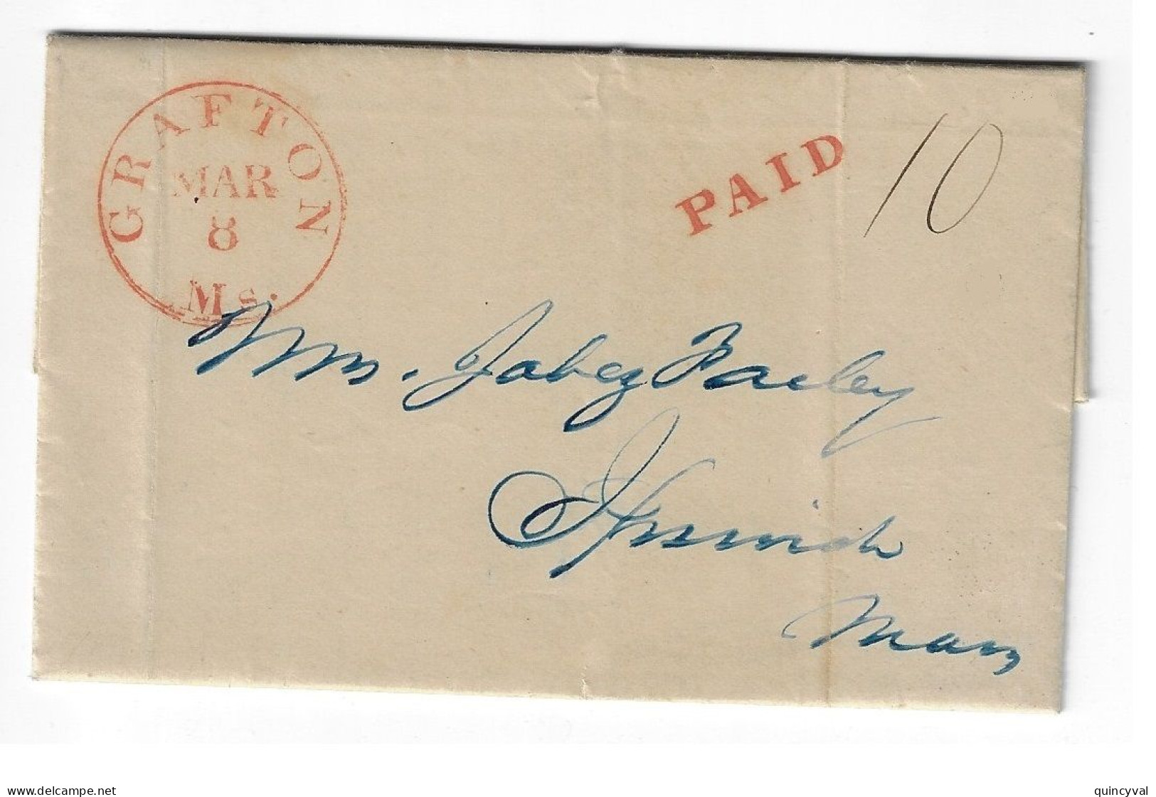 GRAFTON Massachusetts Lettre Cancel 1841 Mars 8  PAID 10 - …-1845 Prefilatelia