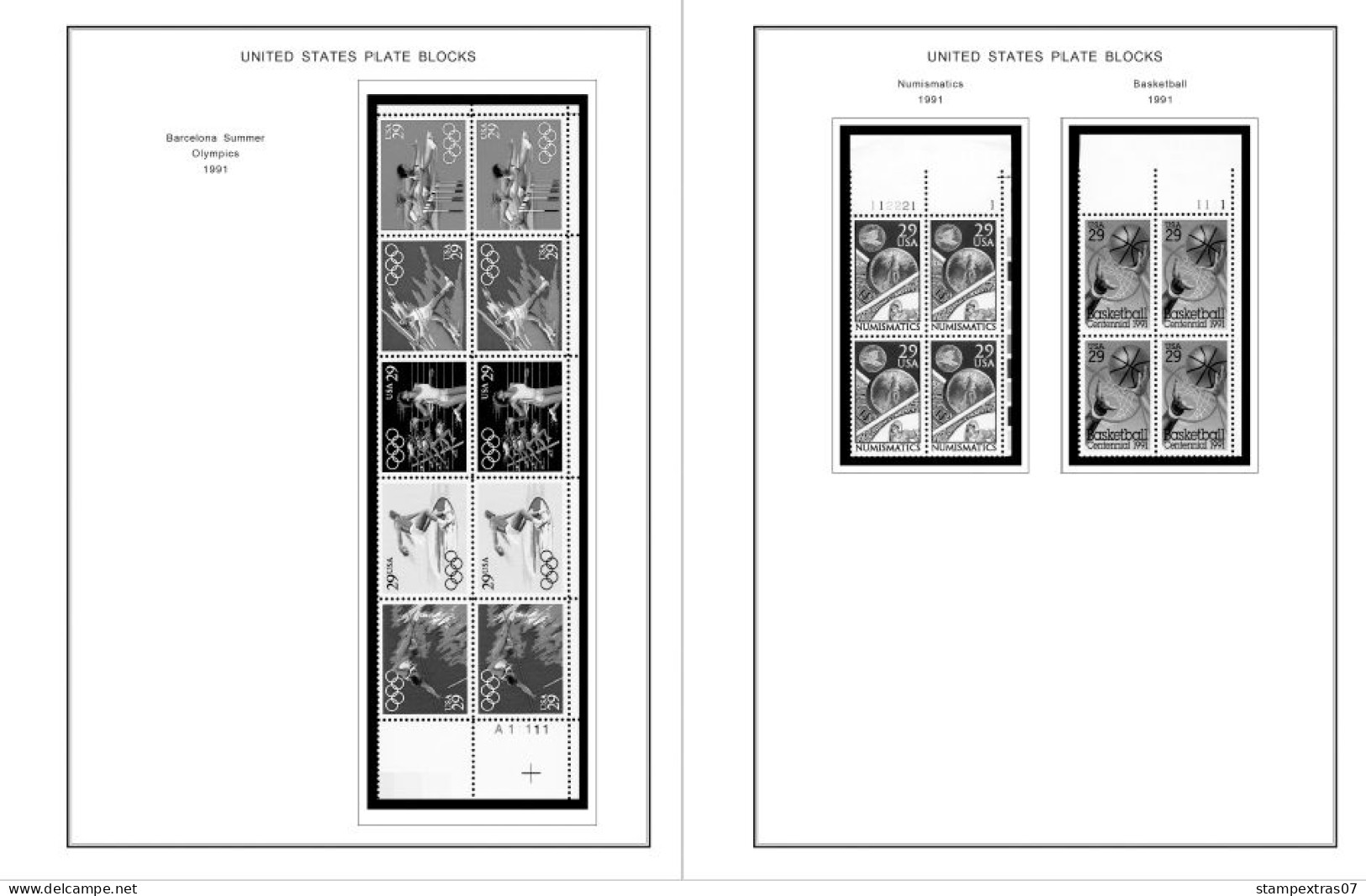 US 1990-1999 PLATE BLOCKS STAMP ALBUM PAGES (119 b&w illustrated pages)