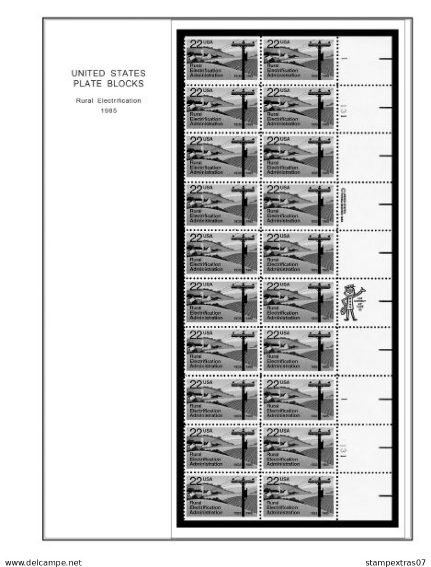 US 1980-1989 PLATE BLOCKS STAMP ALBUM PAGES (104 b&w illustrated pages)