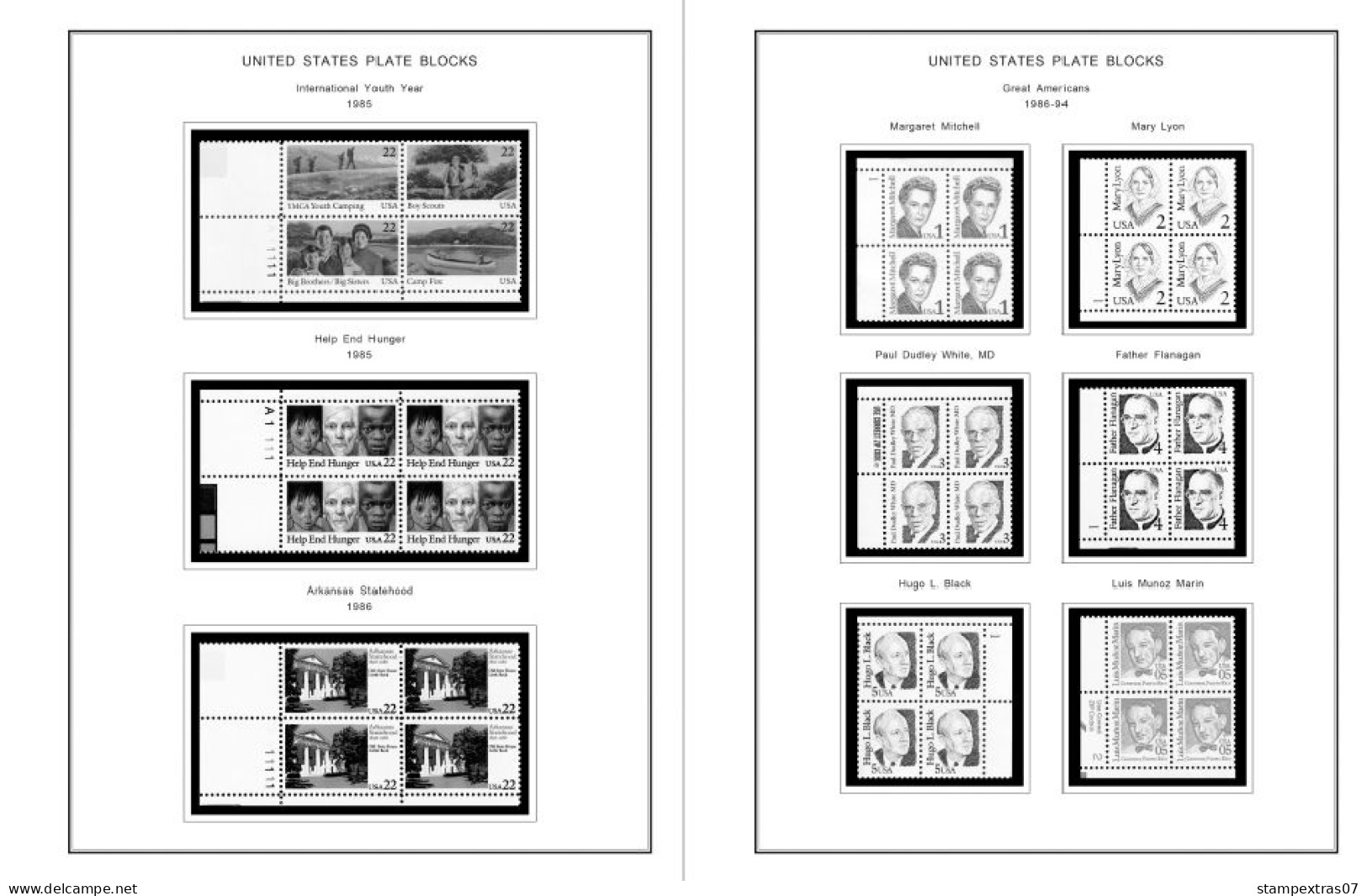 US 1980-1989 PLATE BLOCKS STAMP ALBUM PAGES (104 b&w illustrated pages)