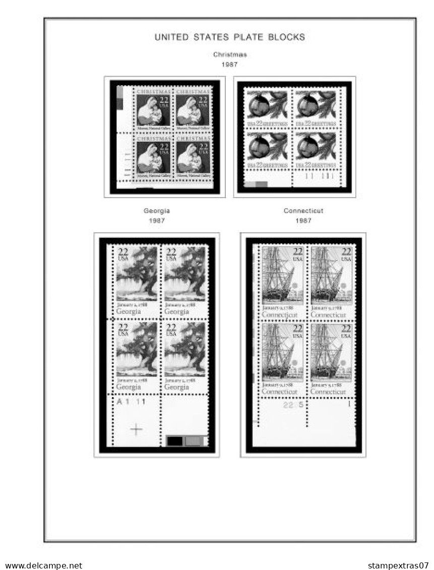 US 1980-1989 PLATE BLOCKS STAMP ALBUM PAGES (104 b&w illustrated pages)