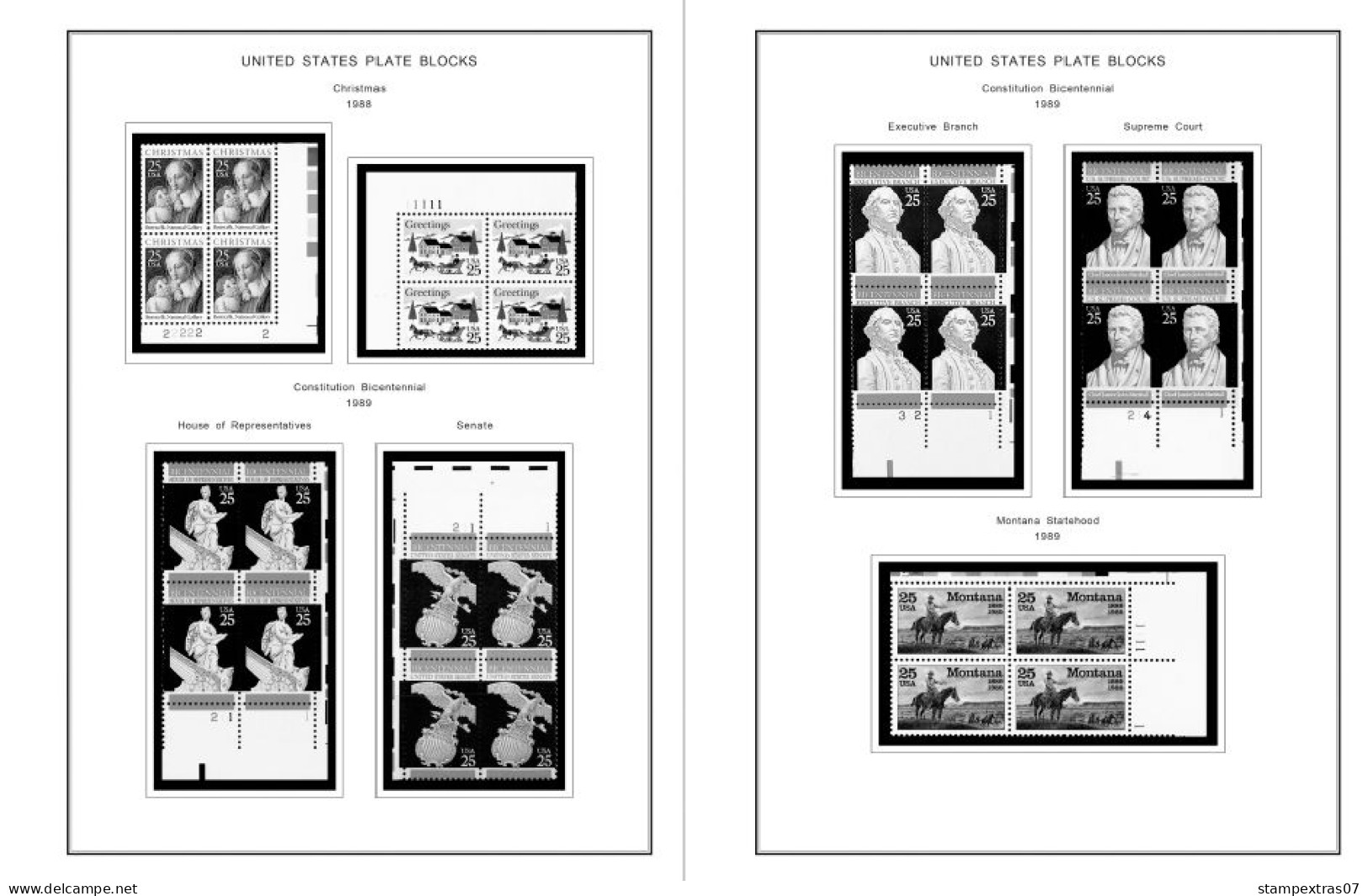 US 1980-1989 PLATE BLOCKS STAMP ALBUM PAGES (104 b&w illustrated pages)