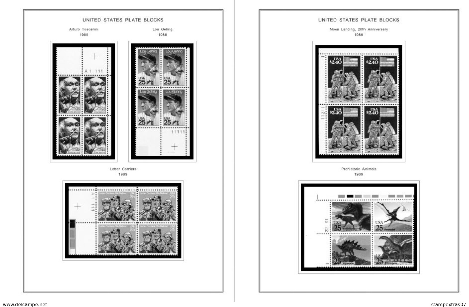 US 1980-1989 PLATE BLOCKS STAMP ALBUM PAGES (104 b&w illustrated pages)