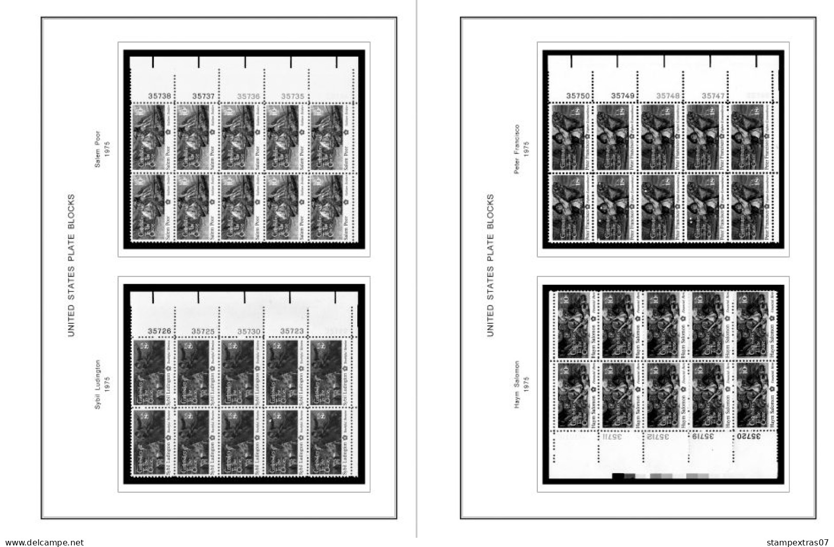 US 1970-1979 PLATE BLOCKS STAMP ALBUM PAGES (112 b&w illustrated pages)