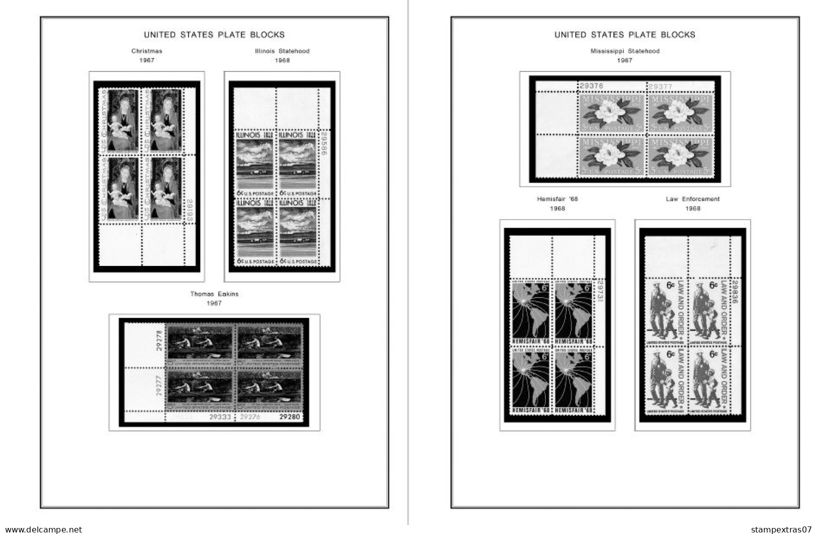 US 1960-1969 PLATE BLOCKS STAMP ALBUM PAGES (68 b&w illustrated pages)