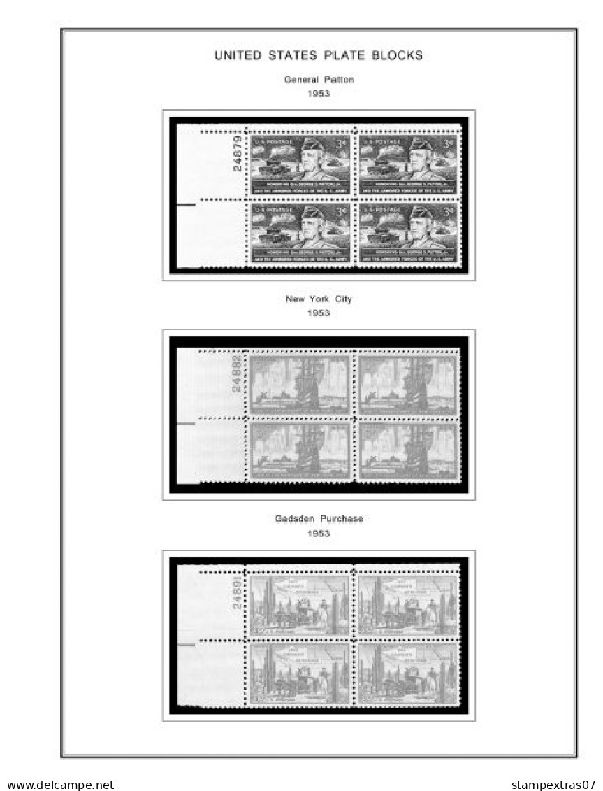 US 1950-1959 PLATE BLOCKS STAMP ALBUM PAGES (50 b&w illustrated pages)