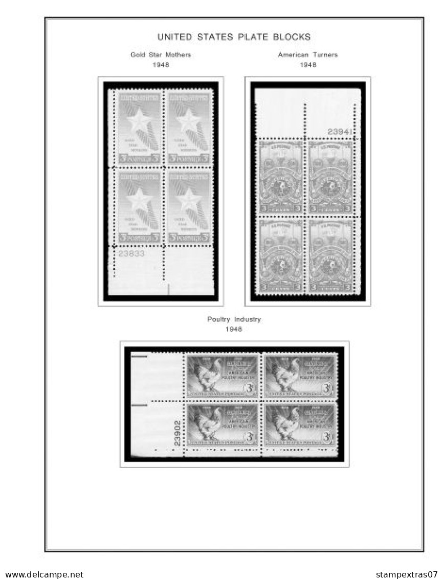 US 1940-1949 PLATE BLOCKS STAMP ALBUM PAGES (45 b&w illustrated pages)