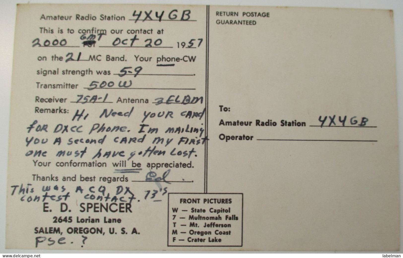 UNITED STATES USA QSL AMATEUR SHORTWAVE RADIO STATION CARD SALEM OREGON E D SPENCER POSTCARD ANSICHTSKARTE - Salem