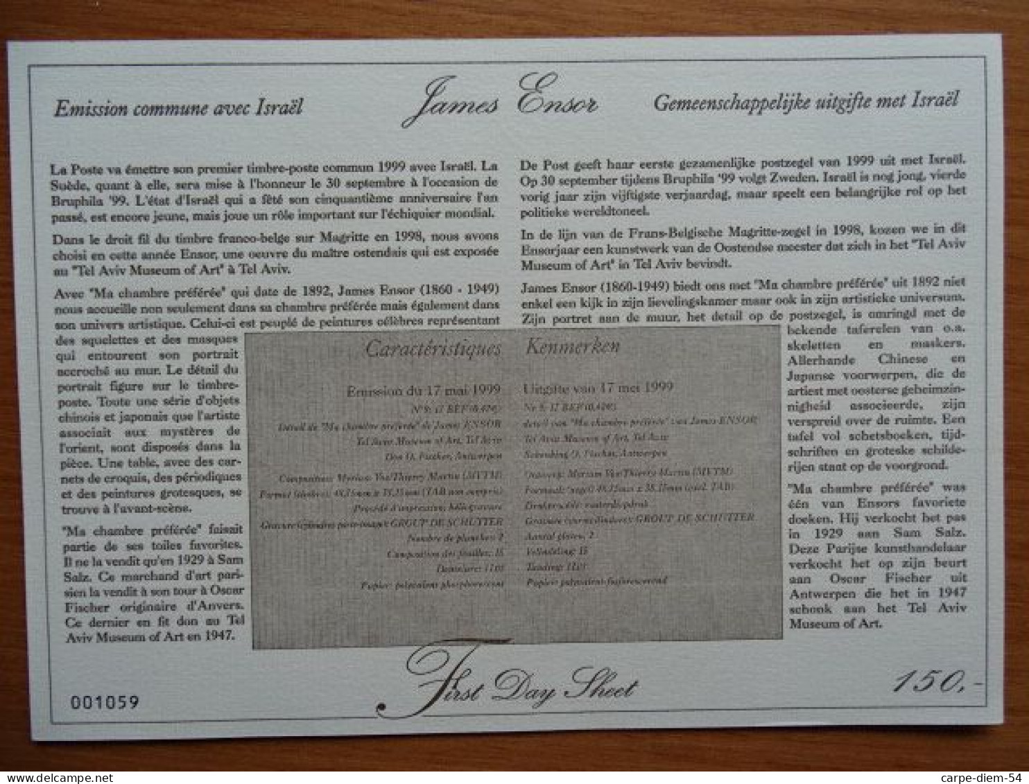 Belgique & Israel - First Day Sheet + Enveloppe FDC + 2 Timbres Non Oblitérés - James Ensor - 1999 - Foglietti Di Lusso [LX]