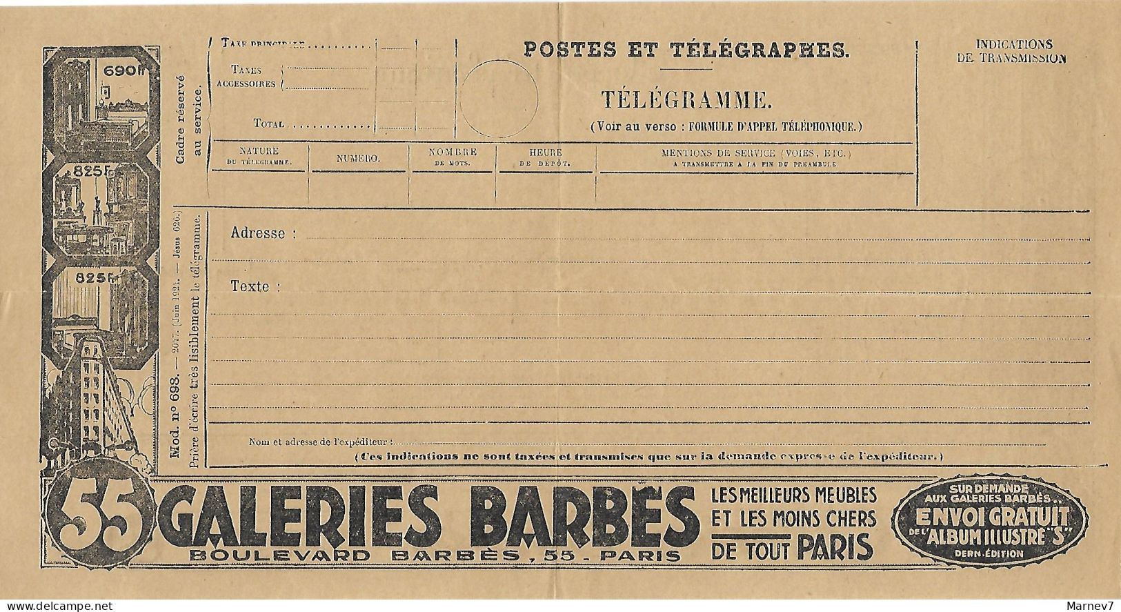 Télégramme Postes Et TELEGRAPHES - Formule 1392-25 - Publicité GALERIES BARBES - Non écrite - Meubles - Telegraph And Telephone