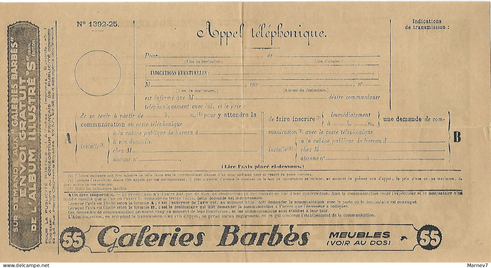 Télégramme Postes Et TELEGRAPHES - Formule 1392-25 - Publicité GALERIES BARBES - Non écrite - Meubles - Telegraph And Telephone