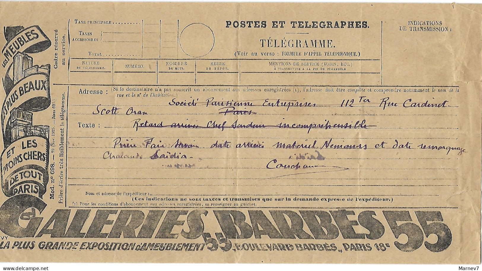 Télégramme Postes Et TELEGRAPHES - Formule 1392-25 - Publicité GALERIES BARBES - Meubles - Telegraph And Telephone