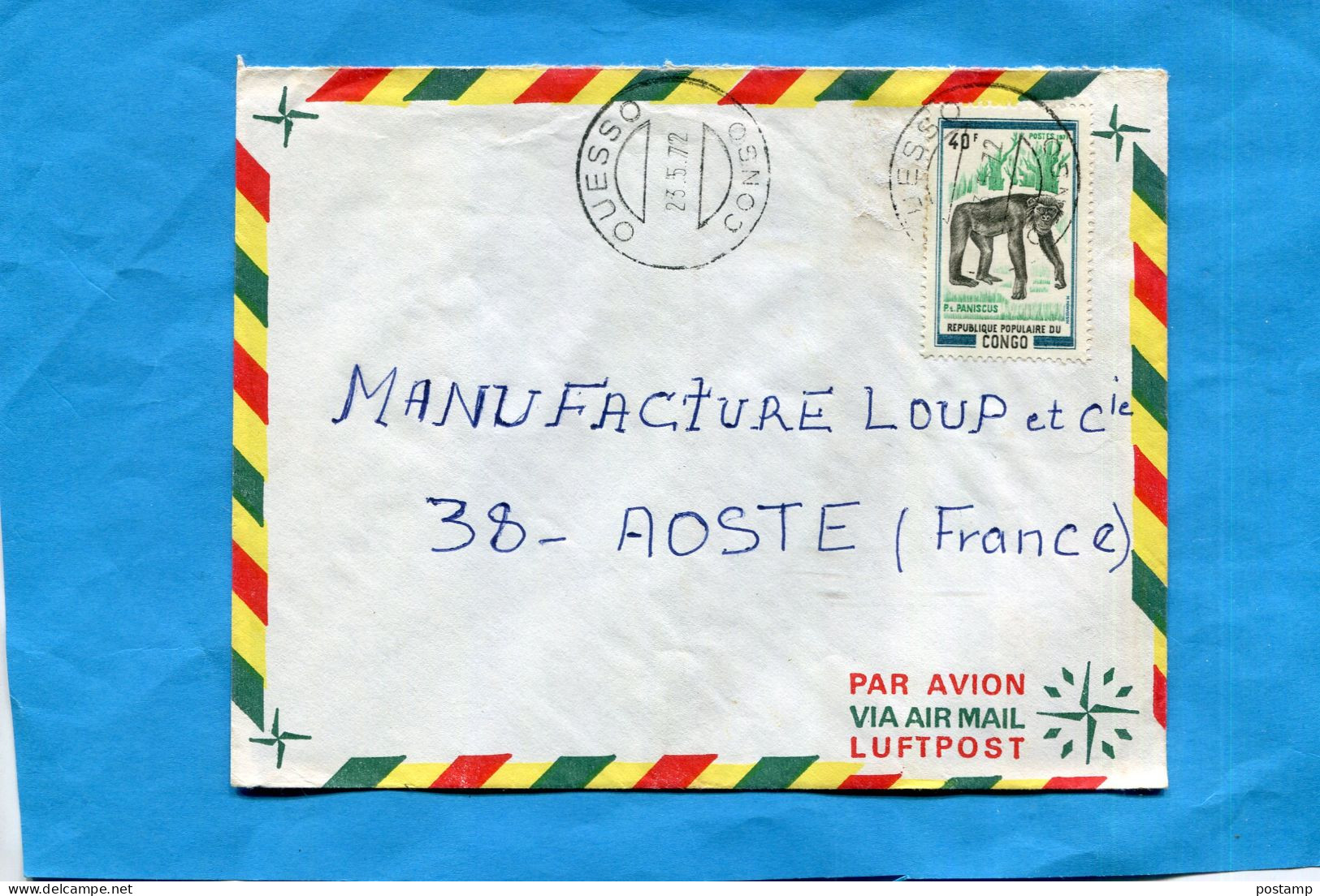 Marcophilie-CONGO-Lettre- >Françe-cad-OUESSO -1972 Stamps-N°325 Chimpanzé - Autres & Non Classés