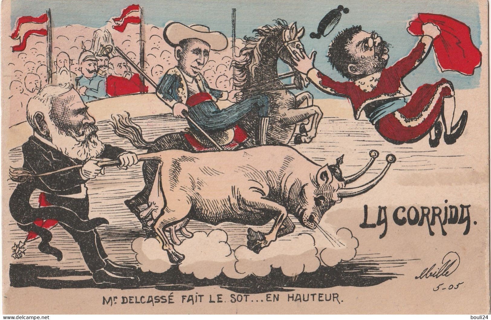 ILLUSTRATEUR MILLE  LA CORRIDA  MR DELCASSE FAIT LE SOT EN HAUTEUR      CPA  CIRCULEE - Mille