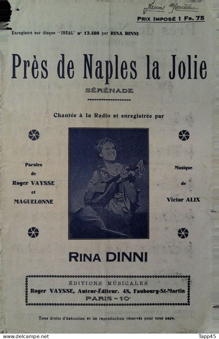 Près De Naples La Jolie  > Partition Musicale Ancienne > Voir Aussi La Rubrique  Delcampe 18607 > Réf: 3/04/2023 - Chant Soliste