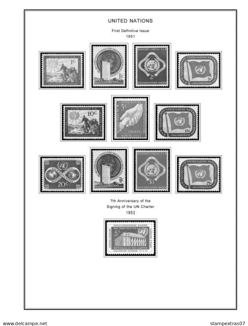 UNITED NATIONS - NEW YORK 1951-2020 STAMP ALBUM PAGES (229 B&w Illustrated Pages) - English