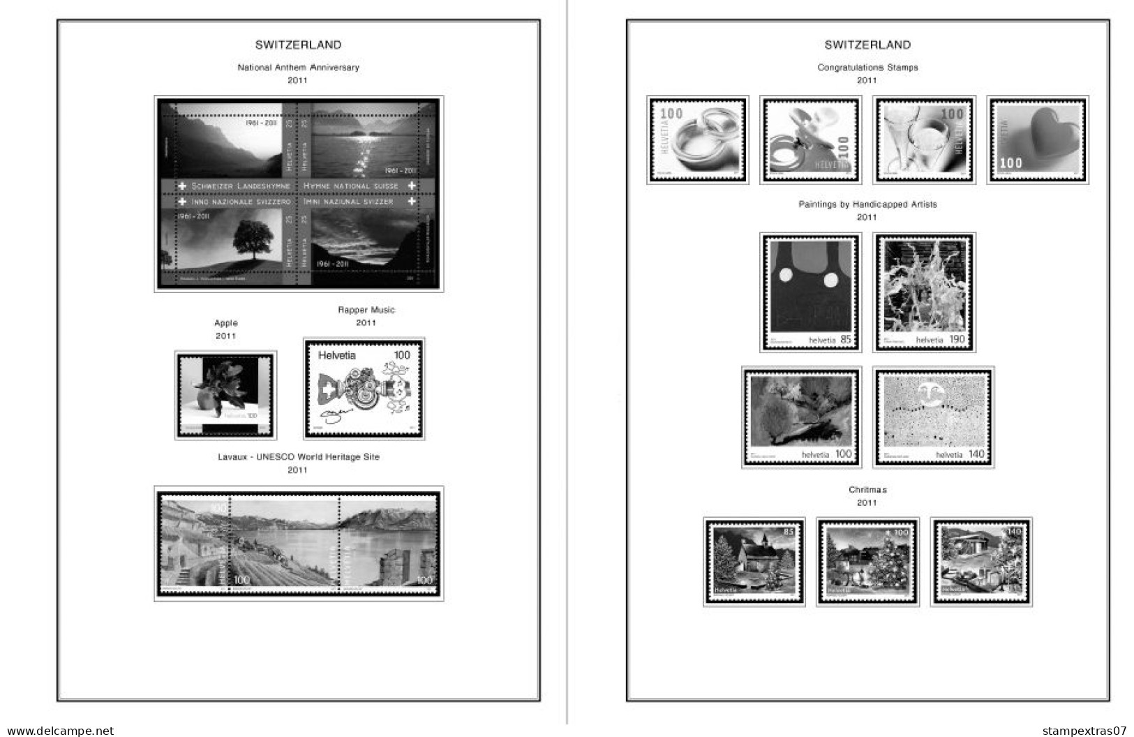 SWITZERLAND 1843-2010 + 2011-2020 STAMP ALBUM PAGES (277 b&w illustrated pages)