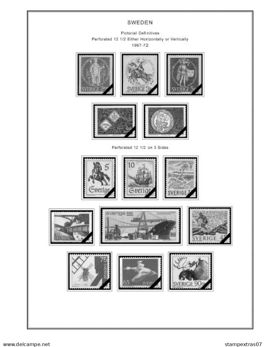 SWEDEN 1855-2010 STAMP ALBUM PAGES (264 b&w illustrated pages)