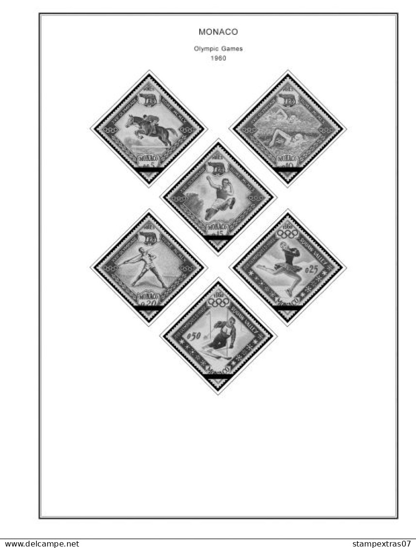 MONACO 1855-2010 + 2011-2020 STAMP ALBUM PAGES (409 b&w illustrated pages)