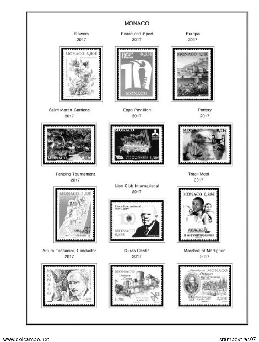 MONACO 1855-2010 + 2011-2020 STAMP ALBUM PAGES (409 b&w illustrated pages)