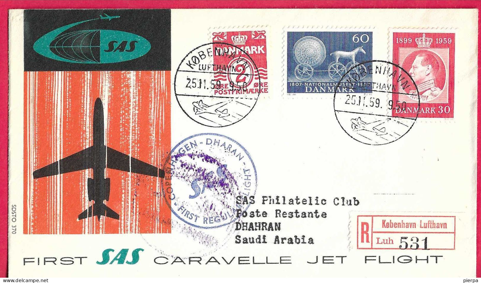 DANMARK - FIRST CARAVELLE FLIGHT - SAS - FROM KOBENHAVN TO DHAHRAN *25.11.59* ON OFFICIAL REGISTERED COVER - Luftpost