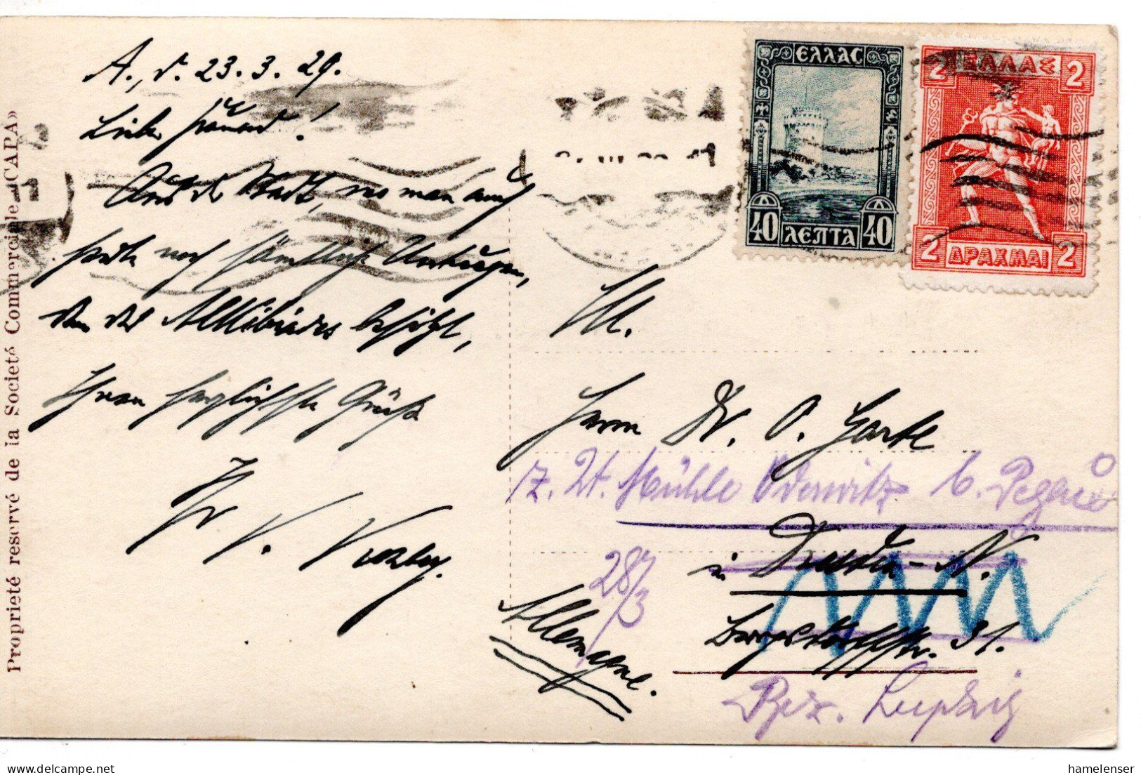 64902 - Griechenland - 1929 - 2Dr MiF A AnsKte ATHINAI -> Deutschland - Briefe U. Dokumente