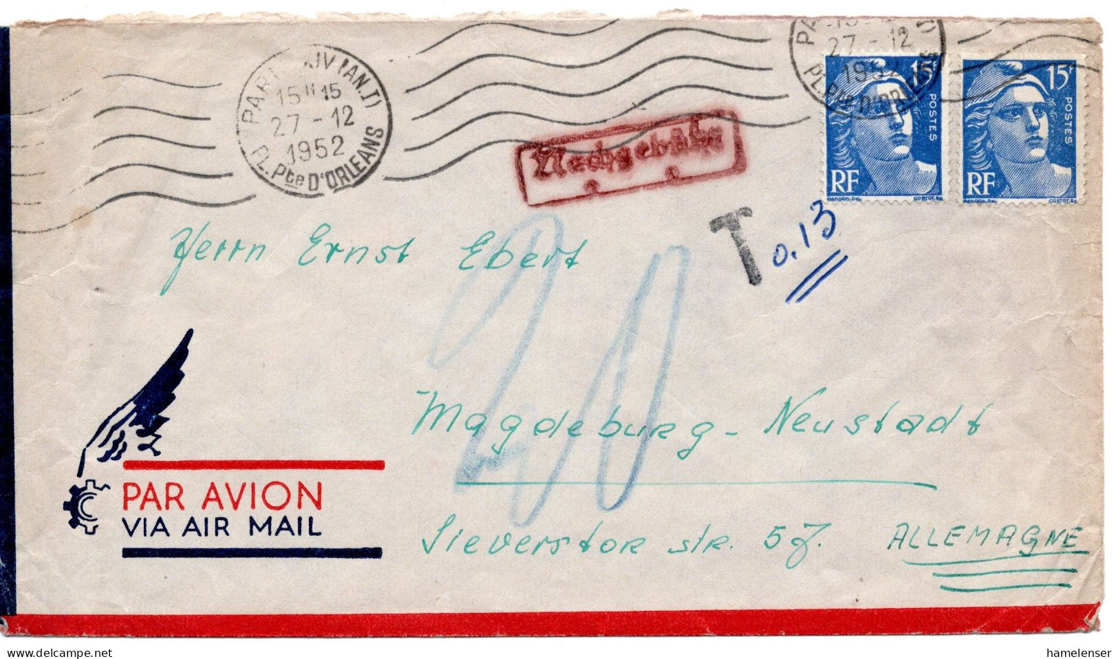 64917 - Frankreich - 1952 - 2@15F Gandon A LpBf PARIS -> DDR, M 20Pfg Nachporto - Lettres & Documents