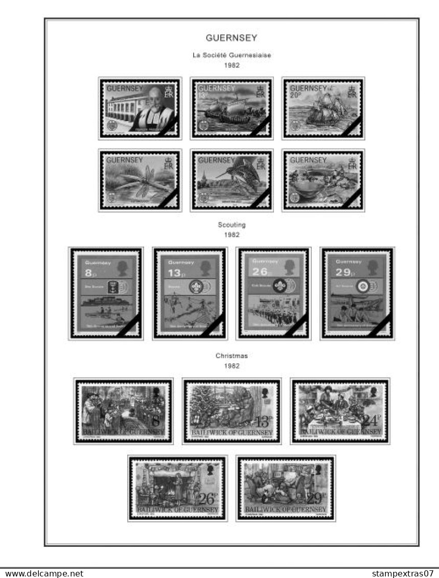 GB GUERNSEY 1958-2010 + 2011- 2020 STAMP ALBUM PAGES (212 b&w illustrated pages)