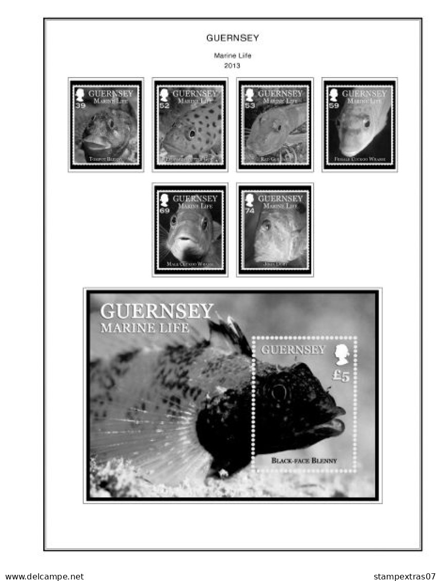 GB GUERNSEY 1958-2010 + 2011- 2020 STAMP ALBUM PAGES (212 b&w illustrated pages)