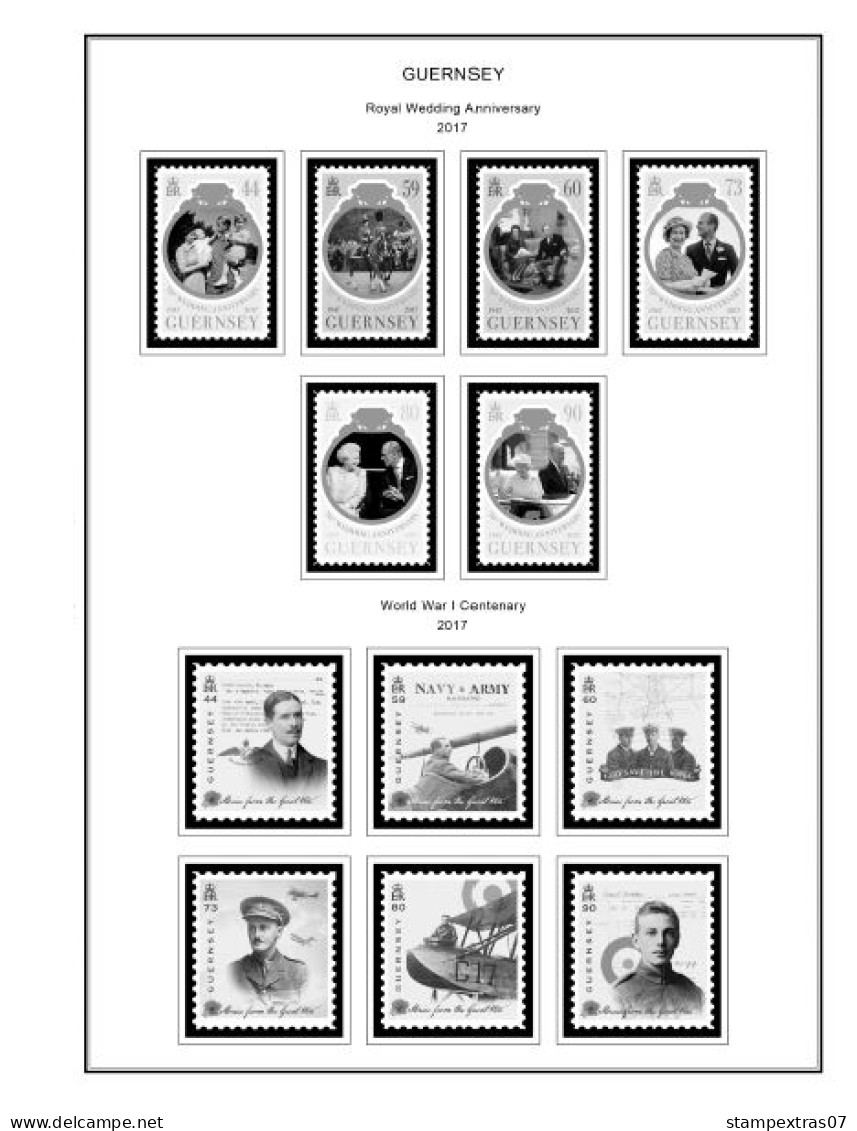 GB GUERNSEY 1958-2010 + 2011- 2020 STAMP ALBUM PAGES (212 b&w illustrated pages)