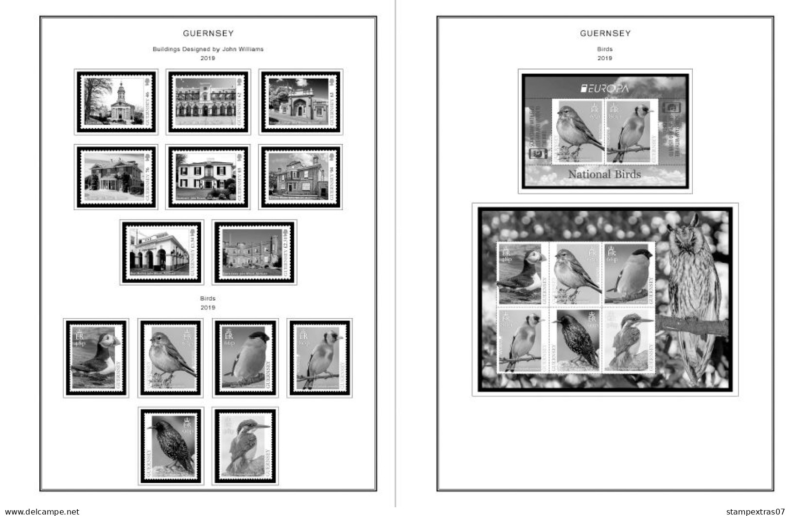 GB GUERNSEY 1958-2010 + 2011- 2020 STAMP ALBUM PAGES (212 b&w illustrated pages)