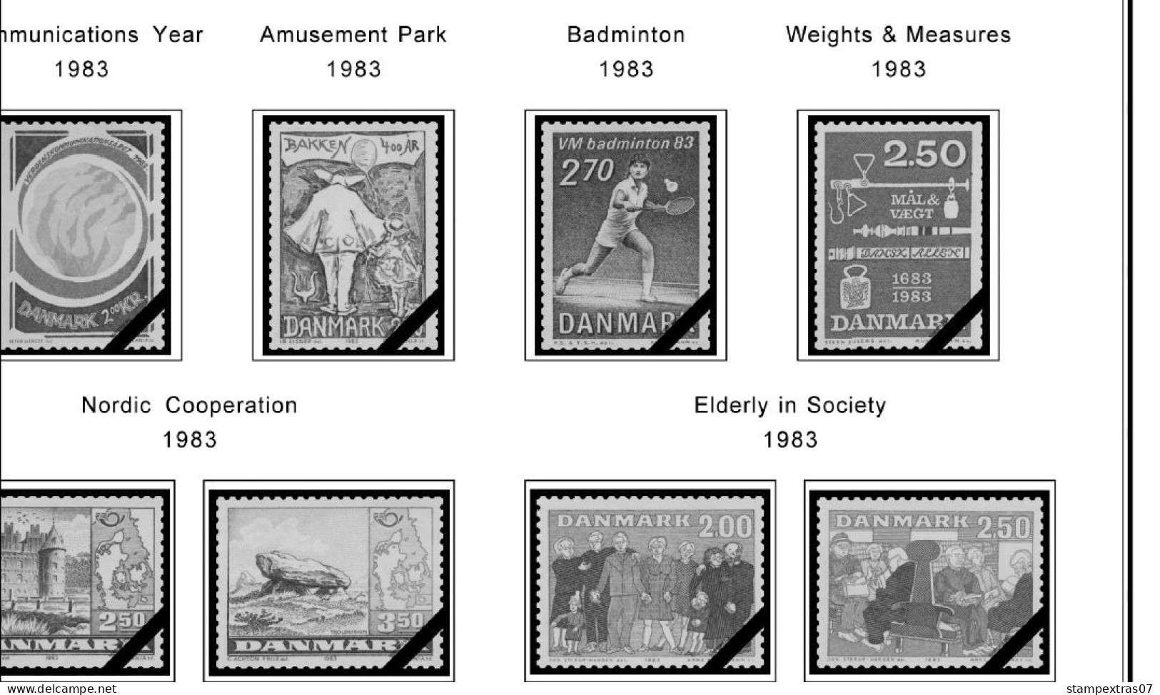 DENMARK 1851-2010 STAMP ALBUM PAGES (186 b&w illustrated pages)