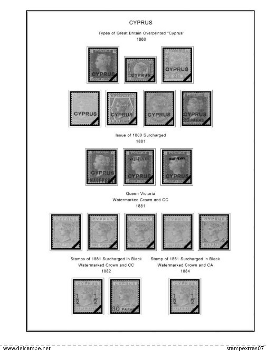 CYPRUS 1880-2010 + 2011-2020 STAMP ALBUM PAGES (177 B&w Illustrated Pages) - English