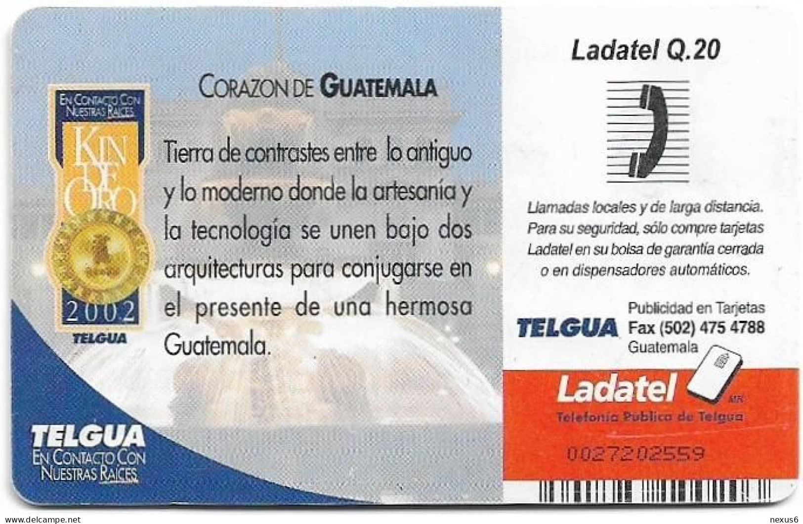 Guatemala - Telgua Ladatel - Corazon De Guatemala, Gem5 Black, 2002, 20Q, Used - Guatemala