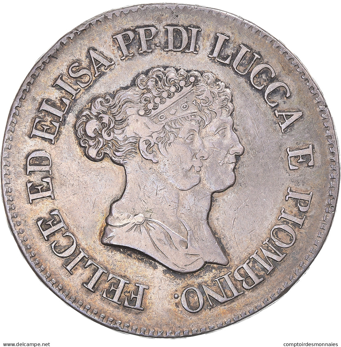 Monnaie, États Italiens, LUCCA, Felix And Elisa, 5 Franchi, 1805, Florence - Napoleonic