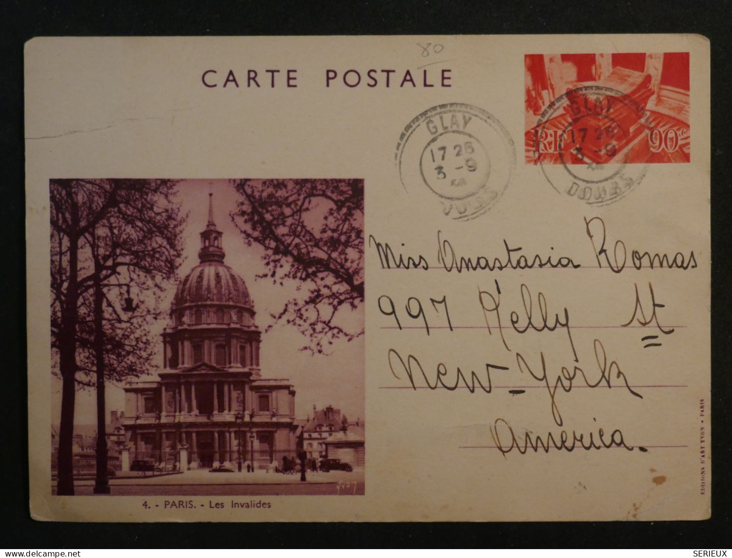 BQ 8 FRANCE BELLE CARTE ENTIER LES INVALIDES   + 1936 GLAY POUR NEW YORK USA ++  AFFR. INTERESSANT+ + - Sonstige & Ohne Zuordnung