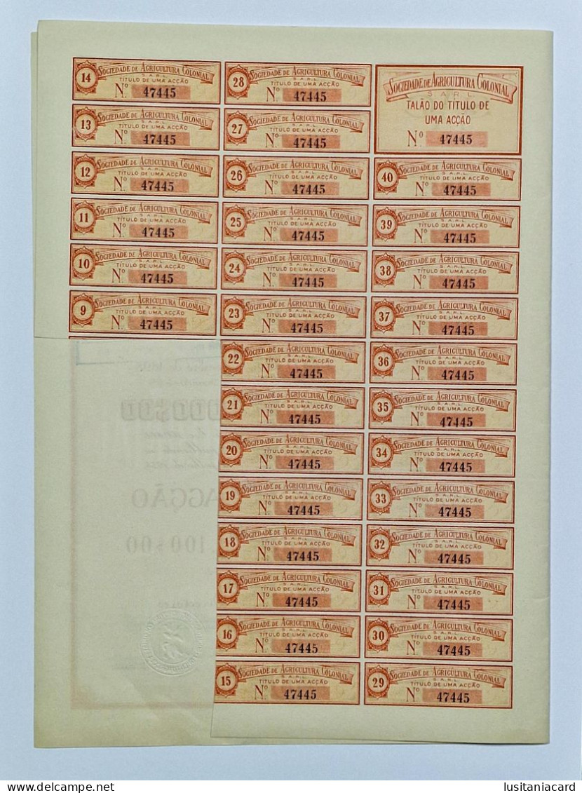 PORTUGAL- LISBOA- Sociedade De Agricultura Colonial. Titulo De Uma Acção 100$00 - Nº 47445 - 1JUL1954 - Agricoltura