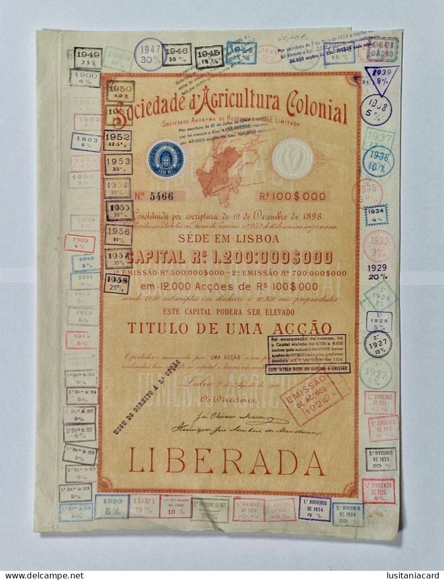 PORTUGAL- LISBOA- Sociedade D'Agricultura Colonial. Titulo De Uma Acção Rs:100$000 - Nº 5466 - 02AGO1900 - Agricoltura