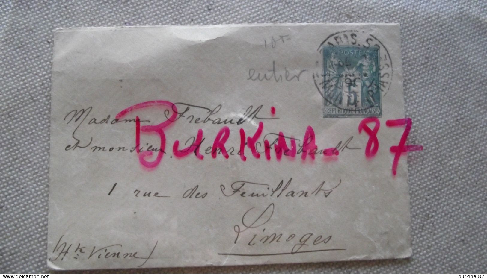 Enveloppe, Entier Postal, 1890, Postée à  Paris, Timbre Sage 5C Vert - Enveloppes Repiquages (avant 1995)