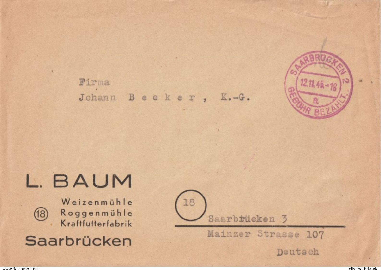 1945 - SAAR / SARRE / ZONE FRANCAISE - OBLITERATION GEBÜHR BEZAHLT ! De SAARBRÜCKEN - SUP ! - Covers & Documents