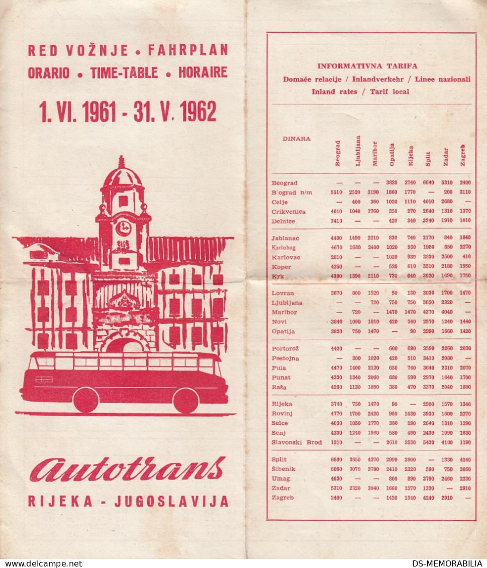 Bus Timetable Fahrplan Orario - Autotrans Rijeka Yugoslavia 1961/62 - Europa