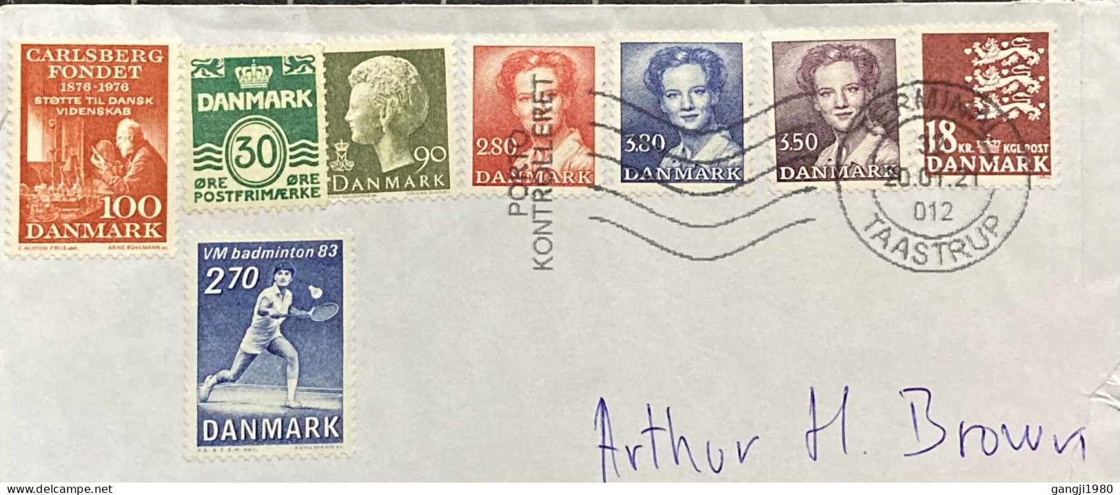 DENMARK 2021, COVER USED TO USA, 8 DIFFERENT STAMP USED, QUEEN, COAT OF ARM, BADMINTON SPORT, GAME, TERMINAL TAASTRUP, P - Covers & Documents