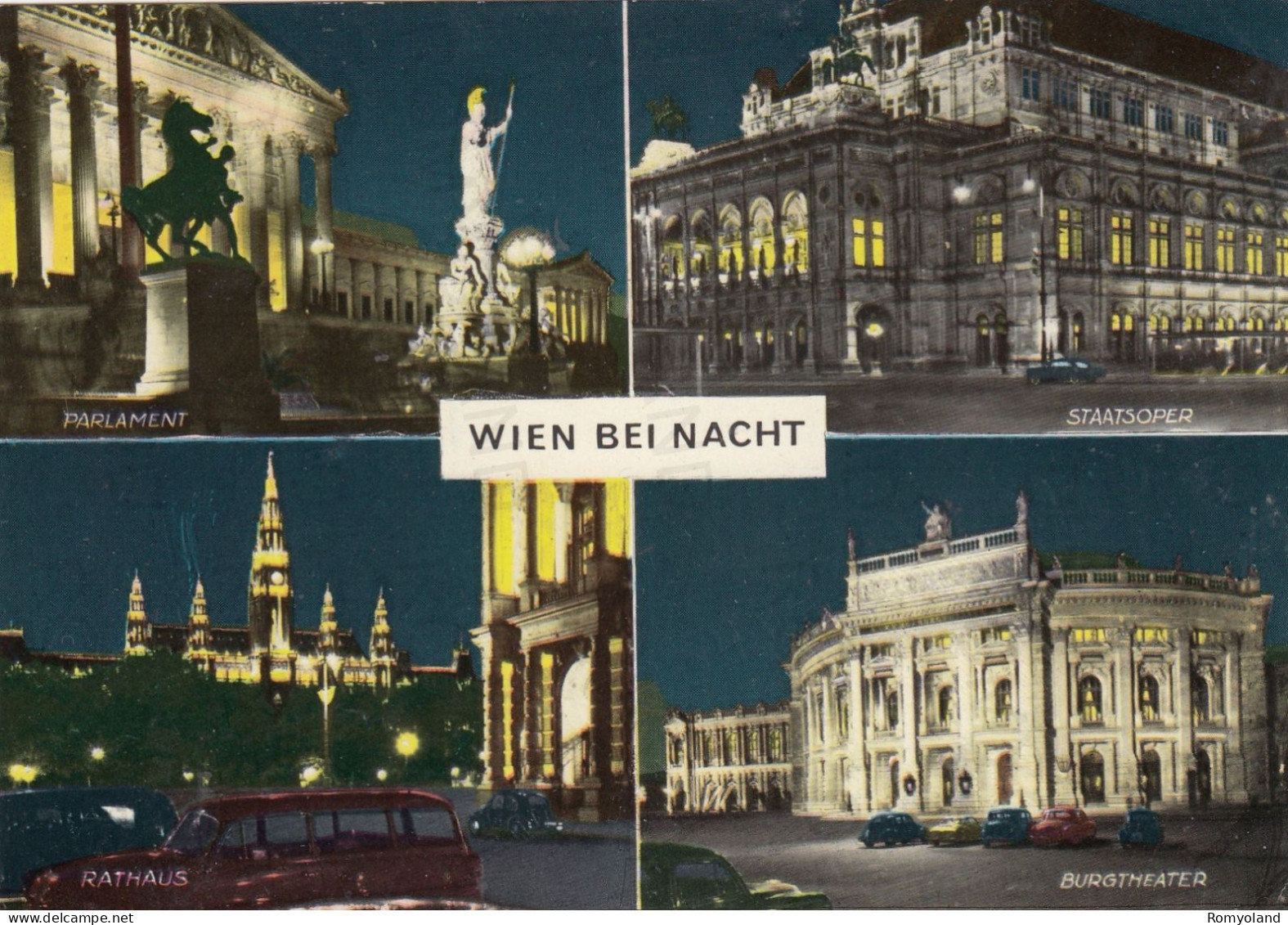 CARTOLINA  WIEN,AUSTRIA-BEI NACHT-PARLAMENT-STAATSOPER-BURGTHEATER-RATHAUS-NON VIAGGIATA - Musei